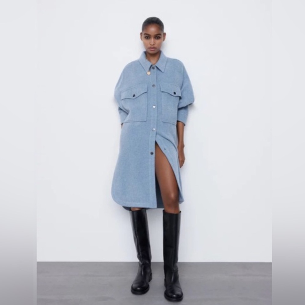 Like New Zara Oversized Light Blue Wool Blend Shirt Coat